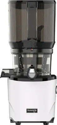 A white and black Kuvings slow juicer is shown against a white background.
