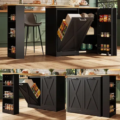 Productafbeelding van STILVORA Eettafel, 360° draaibaar, met zijvakken en een klapdeur, dressoir voor slaapkamer, woonkamer of eetkamer, MDF, zwart