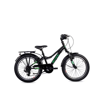 A black and green children's bicycle is shown against a white background.