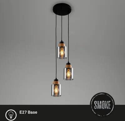 Immagine prodotto di Lampada a sospensione, con legno, vetro fumé, 3xE27/max.