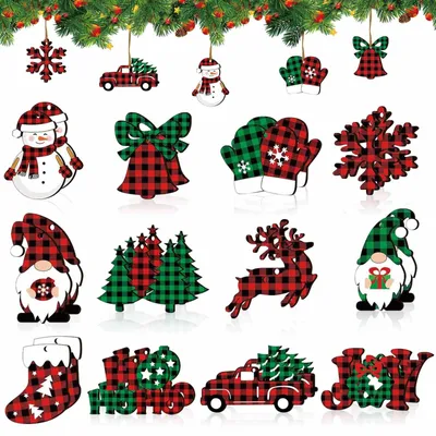 24 Holz-Weihnachtsanhänger, rot/grün/weiß, 12 Designs