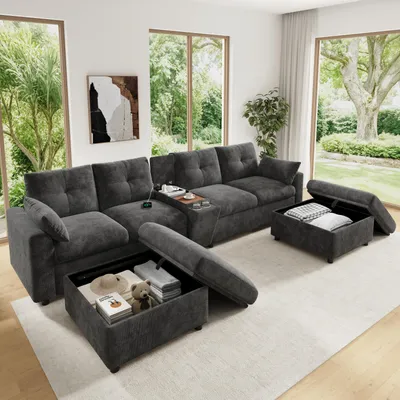 Produktbild von STILVORA Wohnlandschaft 6-Sitzer in U-/L-Form mit 2 Stauraum-Hockern, Ecksofa mit Mittelkonsole und Getränkehaltern, Modulares Sofa mit USB & Type-C, Chenille, Grau