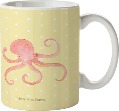 Produktbild von Mr. & Mrs. Panda Trinkbecher Tintenfisch - Gelb Pastell - Geschenk, Keramiktasse, Tasse, Gute Laune, Ozean, Krake, Wasser, Kaffeetasse, Kaffeebecher, Meer, bedruckt