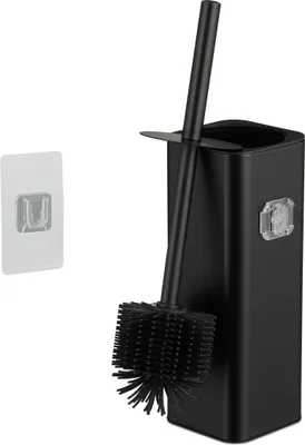 Produktbild von Relaxdays Toilettenbürste Wandmontage, zum Kleben, HxBxT: 36,5 x 9,5 x 10,5 cm, WC-Reinigungsbürste mit Halter, schwarz