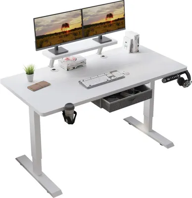 Immagine prodotto di Scrivania Hilodesk 140 cm regolabile in altezza, con 4 memorie, con cassetti, scrivania con supporto per monitor, bianco