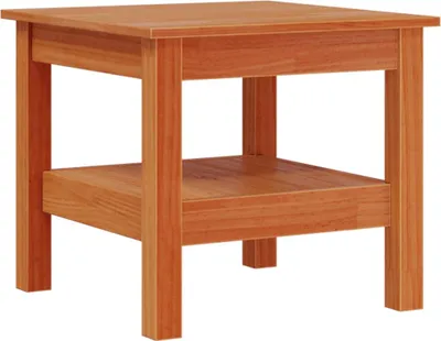 A wooden side table with two shelves, shown against a white background.