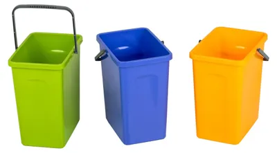 Three plastic buckets of different colors (green, blue, and orange) are arranged side-by-side against a white background.