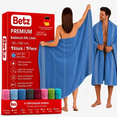 Produktbild von Betz Badetuch XXL Lines 90x180 cm – 100% Baumwolle, weich & saugstark – Strandtuch für Urlaub, Pool, Sauna, Outdoor – modernes Streifendesign- blau