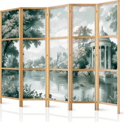 Produktbild von 5-teiliger Einseitiger Vlies Japanischer Paravent - View of the Park and Lake - Retro Vintage Landscape in Greens. 225x172 cm Landschaften c-H-10046-bh-b