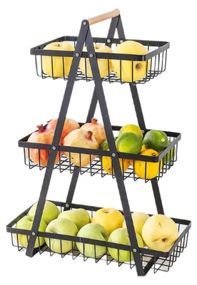 3-stöckiger Obstkorb mit Holzgriff, schwarz, abnehmbar