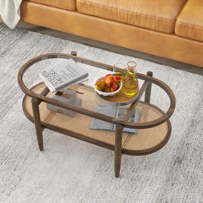 Image de Table basse d'appoint avec plateau en verre et étagère en rotin 102 x 56 x 47 cm marron