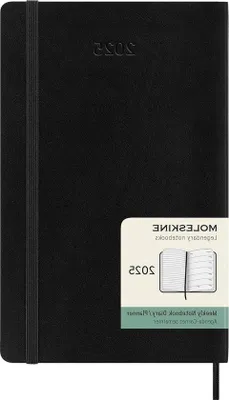 Image de Agenda semainier et carnet de notes 12 mois 2025 couverture souple - Fermeture élastique - Noir - Grand format 13x21 cm