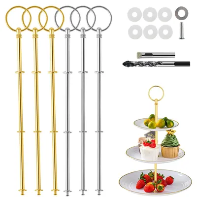 Produktbild von Etagere Stangen Set - 6-teilig für 2-3 Etagen - Tortenständer Bausatz aus Metall inklusive zwei Bohrer