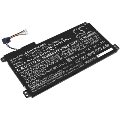 A black lithium-polymer battery pack with a white label containing product information and warnings.