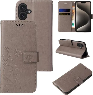 Produktbild von Handyhülle für Apple iPhone 16 Floral Blumen Schmetterling Flip Cover Hülle Case Klapphülle Handytasche Farbe: Grau