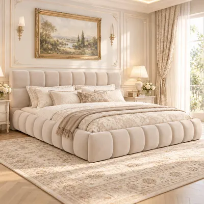 Productafbeelding van Gestoffeerd bed van 180x200 cm met een gestoffeerd hoofdeinde, een ingebouwde ligvlak, 12 latten, een stoffen bekleding, geschikt voor een maximaal gewicht van 300 kg, in de kleuren beige/grijs