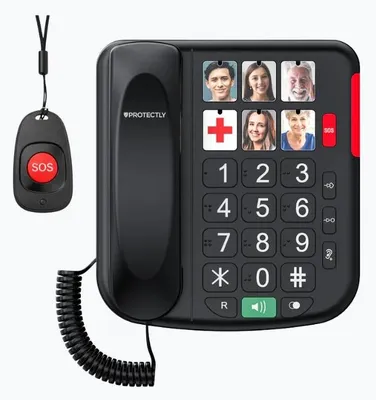 Productafbeelding van Protectly® Senioren Telefoon - SOS-Noodknop en SOS-Hanger - Senioren Mobiele Telefoon - Vaste Telefoon - Grote (Foto) Toetsen en Cijfers - Luid Volume - Nederlandstalige - Plug & Play