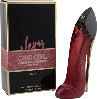 Carolina Herrera Very Good Girl Glam 30 ml, rot-glitzernder High Heel Flakon neben schwarz-pinker Box mit goldenen Akzenten.