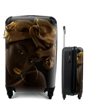 Produktbild von MuchoWow® Koffer Handgepäck Trolley Rollkoffer Kleine Reisekoffer mit 4 Rollen - Frauen - Kopftuch - Gold - Luxus - Cabin Size < 55x40x23 cm & 55x40x20 cm - Fotokoffer - Kabinenkoffer - Boardgepäck - Reise-Box - Reisekoffer - Reisegepäck - Koffer mit Bild - Trolley für Kinder
