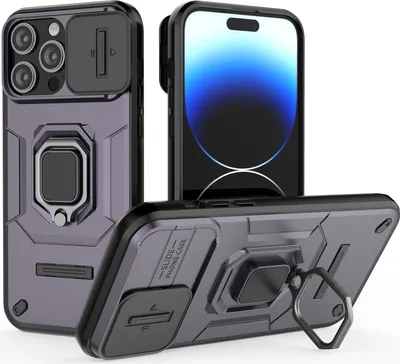 Produktbild von Hülle für iPhone 14 Pro Max Dual Layer Handyhülle Schiebe Kamera Schutz und Ringhalter Ständer Lila