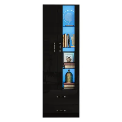 Immagine prodotto di Vetrina LED nera con due ante, dimensioni 59,5 x 35 x 182 cm, mobile vetrina alto con ante in acrilico, cassetti e ripiani, ideale per il soggiorno