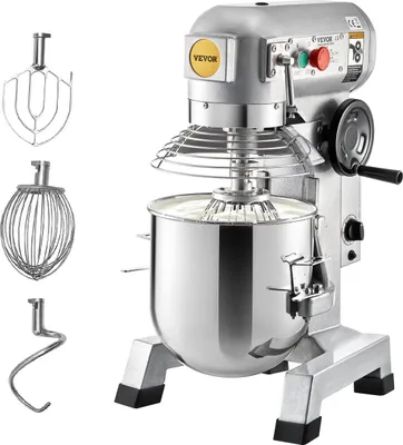 Produktbild von Gewerblicher Standmixer, 15-Quart-Edelstahlschüssel, 850-W-Hochleistungs-Elektromixer mit 3 einstellbaren Geschwindigkeiten (113/184/341 U/min), inklusive Knethaken und Schneebesen, ideal für Bäckereien und Pizzerien