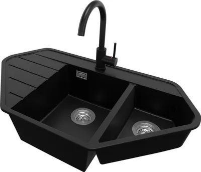 A black double-basin kitchen sink with a black faucet, shown from a slightly elevated angle against a white background.