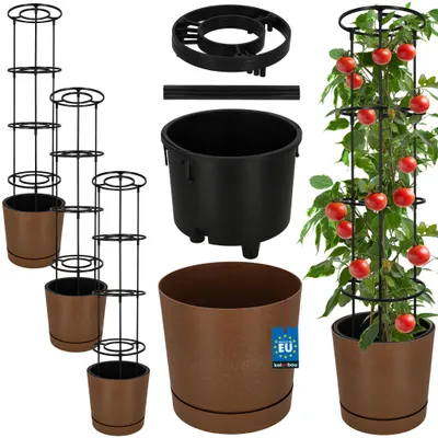 Produktbild von KOTARBAU® 3er Set Pflanztopf für Tomaten ⌀ 29 cm Blumentopf mit Rankhilfe für Kletterpflanzen Tomatenturm 108 cm Robust & Langlebig Kunststoff Braun
