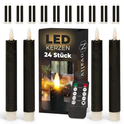 Productafbeelding van LED-kaarsen, 12 stuks, ECHT WAX, ZWART, met timerfunctie (6 uur), 18 cm hoog, geschikt voor kaarsen met een diameter van 2,2 cm. Vereist 2 AAA-batterijen. LED-kaarsen, set van 4, ZWART (zes stuks), met bewegende vlam