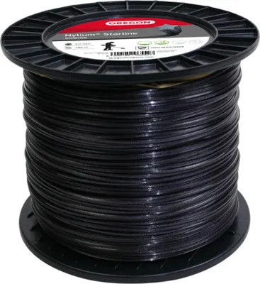 A spool of black trimmer line on a black spool, presented against a white background.