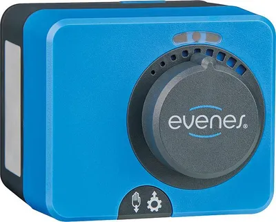 A blue and gray device with a dial and indicator lights.