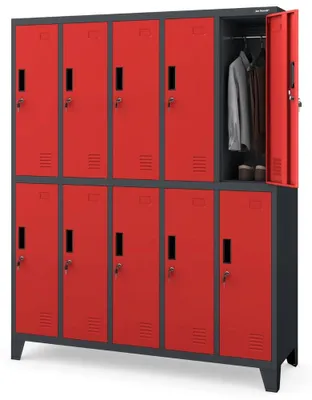 Produktbild von Umkleideschrank Spind BARTEK 10 Abteile Etikettenhalter Lüftungsschlitze | Umkleidespind Schließfachschrank Garderobenspind 172x136x45cm Anthrazit-Rot
