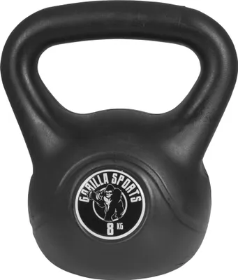A black kettlebell with a logo on the front.