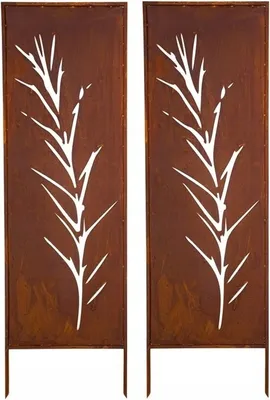 Two identical metal garden screens with a cut-out plant design.