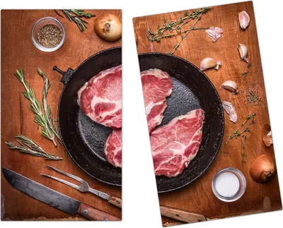 Produktbild von Spritzschutz Herdabdeckplatte Schneidebrett aus Glas Rohes Fleisch auf Teller 2-Teilig (60x52cm)