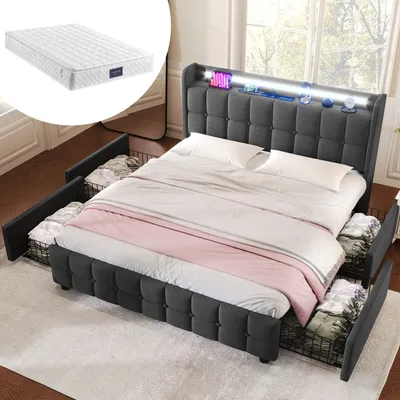 Obrázek produktu pro MODFU Čalouněné postele 160 x 200 cm, Funkční postel manželská s nabíjecí USB funkcí, LED osvětlení a 4 zásuvky (S matrací), Šedá