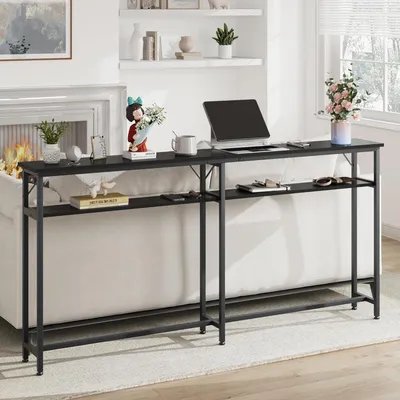 Image de Table console étroite pour entrée, dimensions 180x20x100 cm, imitation bois, couleur noire