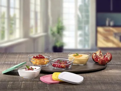 Produktbild von Pasabahce - Geschirrset - 4-teilig - stapelbar - transparentes Glas - bunte Deck