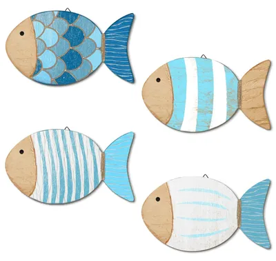 4er-Set Wandfische Holzoptik blau-weiß, maritime Dekoration