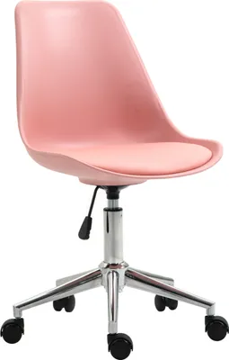 A pink office chair with a silver base and wheels, isolated on a white background.
