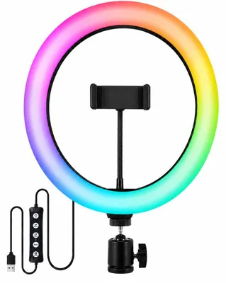 Produktbild von LED RGB-Ringlicht mit Telefonhalter, 10 W, USB, dimmbar
