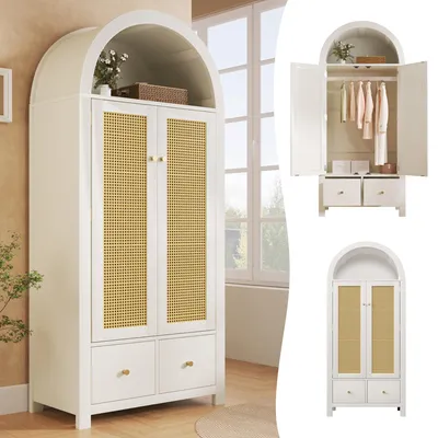 Image de Armoire à 2 portes et 2 tiroirs, 78 x 181 x 45 cm, style cottage, blanc, aspect bois MDF avec rotin et tringle à vêtements