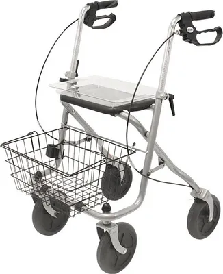 Produktbild von Drive Medical Migo Rollator aus Stahl, 4 Räder, mit Ablage, silberfarben
