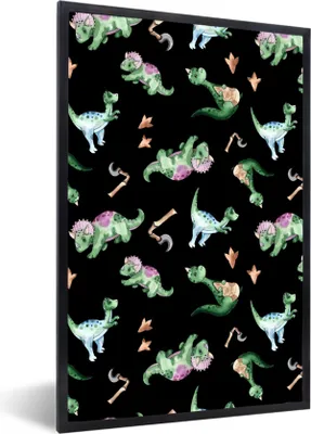 Produktbild von MuchoWow® Gerahmtes Poster Dinosaurier - Muster - Kinderzimmer - Jungen - Mädchen - Kinder - Kinder 20x30 cm - Poster mit Schwarzem Bilderrahmen Wandposter Rahmen Foto Bilder - Drucken - Bilder Poster im Rahmen