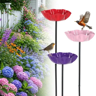 3er Set Vogeltränke mit Erdspieß, 60 cm, Metall, Blumenform