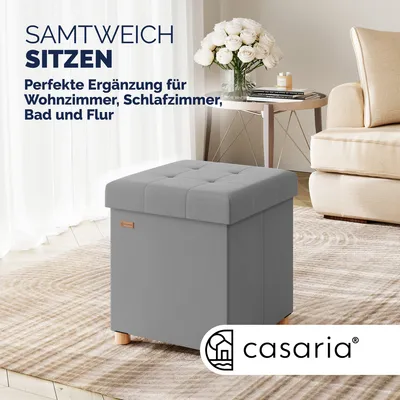 Produktbild von CASARIA® Hocker mit Stauraum Samt Faltbar inkl. Füßen 38x38cm 300kg Belastbarkeit Wohnzimmer Schlafzimmer Flur Sitzhocker Fußhocker Polsterhocker, Farbe:Grau
