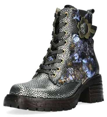 Produktbild von Laura Vita Damen Stiefelette Metallic Blütenschnalle Floralmuster Blockabsatz MONAO 12, Größe:38 EU, Farbe:Schwarz