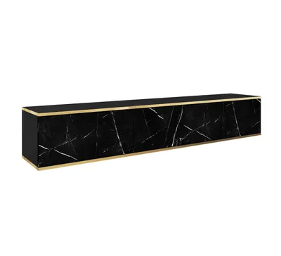 Zdjęcie produktu dla Nowoczesna Wisząca Szafka RTV Marmur Black Komoda RTV złote elementy Glamour 175 cm