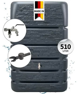 Produktbild von 4rain SLIM STONE DECOR Regentonne Mauertank Komplett-Set 510 Liter graphite grey inkl. Chrom-Doppelauslaufhahn und Fallrohranschluss