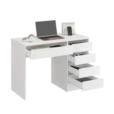 Produktbild von KOMTO Schreibtisch Weiß mit 5 Schubladen – Computertisch, Bürotisch, Kinderschreibtisch mit Stauraum, PC-Tisch | Arbeitstisch PLIO 110x53x78,5 cm